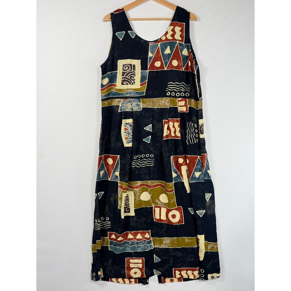Java Lava Maxi Dress Women Large Navy Batik Geometric Rayon Tropical Boho Tribal